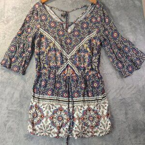 BeBop Womens XL‎ Boho Blue Geometric Festival Lightweight Romper Vintage Y2K